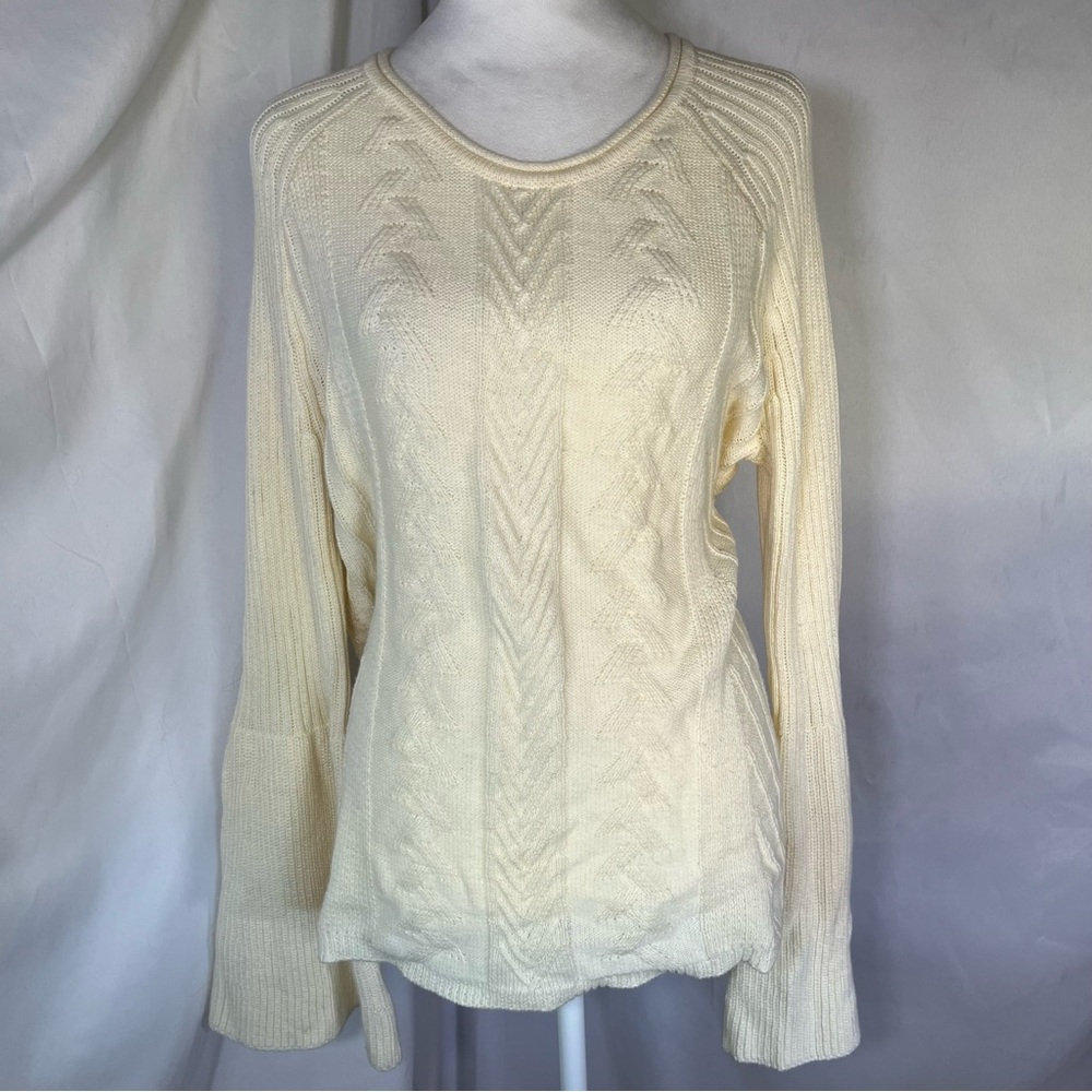 Michael Stars Women's Bell‎ Sleeve Cable Knit Sweater Cream/Off-White Large Cozy